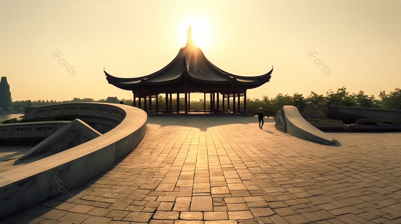 夕阳下的文化广场凉亭风景,高清,摄影图,摄影图片,图片大全,摄影图免费下载